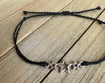 Silver Triple Star Charm String Bracelet or Anklet // Waterproof Adjustable Beach Surfer String Jewelry, Celestial, Friendship, Gift, Favor