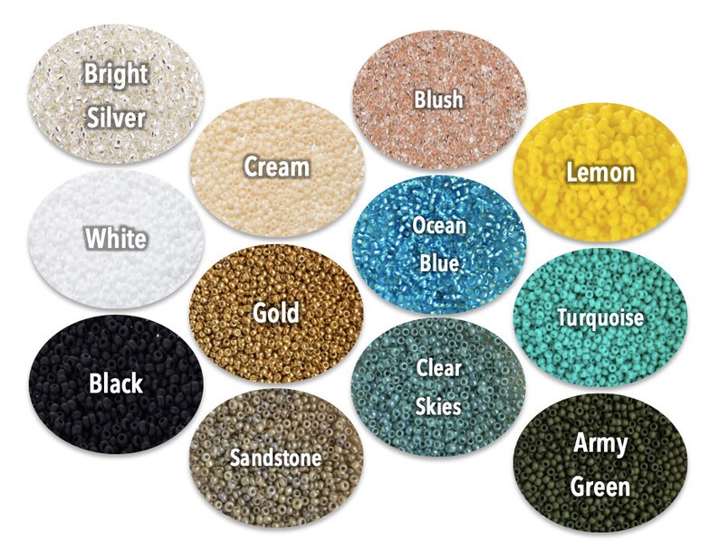 May include: A collection of small, colorful beads in various shades, including bright silver, cream, gold, black, and army green. Each color is displayed in a separate oval, with the color name printed above. The beads are likely for jewelry making or crafts.