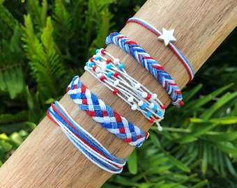Red White and Blue Bracelet // Waterproof Adjustable Wax String Jewelry, 4th of July, Independence Day, USA, Patriotic