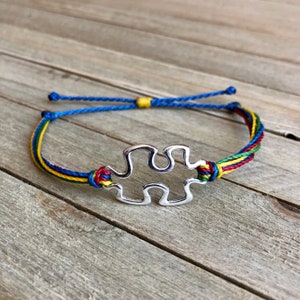 Autism Awareness Puzzle Piece Connector Charm Bracelet or Anklet // Custom Waterproof Adjustable Wax String Jewelry