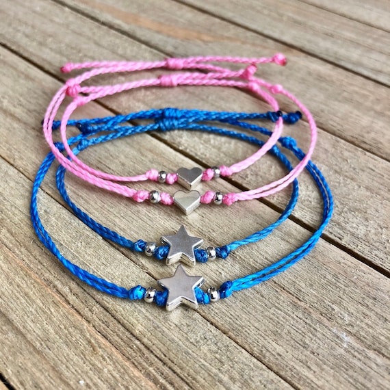 Mommy and Me Bracelet Set // Waterproof Wax String Bracelets, First day of school bracelets or anklets, Heart or Star Charm