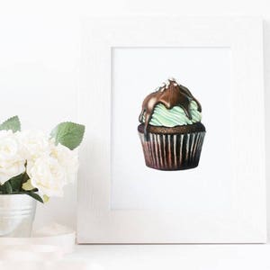 VENTE DE FERMETURE Mint Chocolate Cupcake Drawing Print Art mural Food Art 5x7 image 1