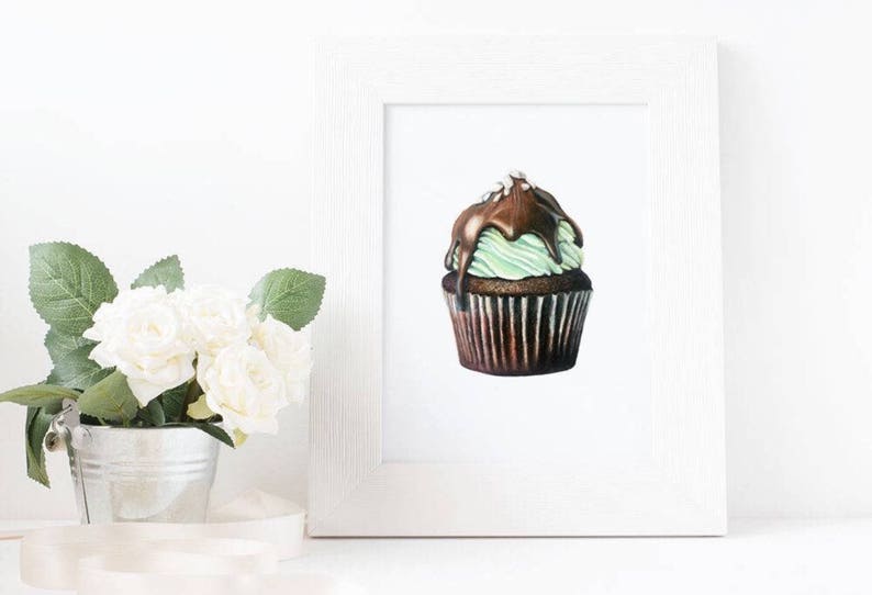 VENTE DE FERMETURE Mint Chocolate Cupcake Drawing Print Art mural Food Art 5x7 image 1