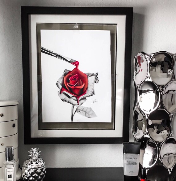 Rose Noir Et Blanc Avec Spalsh De Peinture Rouge Imprimer Wall Art Dessin De Fleurs