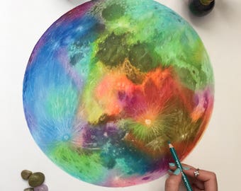 Original Rainbow moon drawing - colored pencil