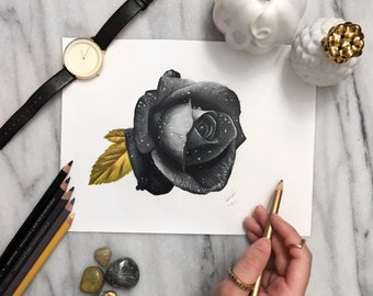 Black rose with waterdroplets and gold leaves - black and white colored pencil original drawing