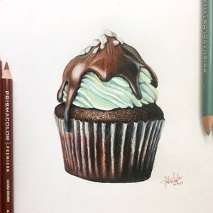 VENTE DE FERMETURE Mint Chocolate Cupcake Drawing Print Art mural Food Art 5x7 image 2