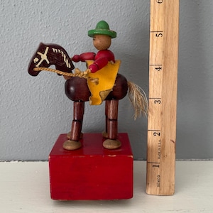 Vintage Wakouwa the Rider wooden puppet toy, bel. '40's, Push button puppet toy, Cowboy Memorabilia, USA, Walther Walss, Antique, price drop