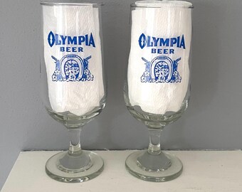 Vintage Olympia Beer Stem tulip glasses, 7&quot; tall, 10 oz., MINT!, RARE, bel. 1970&#39;s, Vintage Barware, Breweriana, Olympia Beer, Washington