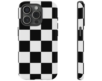 May include: A black and white checkered phone case for an iPhone. The case has a raised camera bump and a black side button.