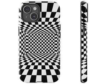 Puede incluir: Una funda de teléfono a cuadros en blanco y negro con un efecto 3D. La funda está diseñada para adaptarse a un iPhone 12 Pro Max.