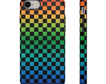 Rainbow Checkerboard Protective Phone Case: Dual Layer, Glossy/Matte Finish