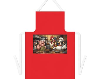May include: Red apron with a whimsical illustration of a pig and chickens in a kitchen setting. The apron features a white neck strap and ties. The illustration depicts the animals cooking and preparing food, with a humorous and cartoonish style.