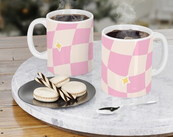 Wavy checkerboard Ceramic Mugs (11oz\15oz\20oz), stars, kitchen, Extra Large Mug, Jumbo Mug, trendy, gift, pink