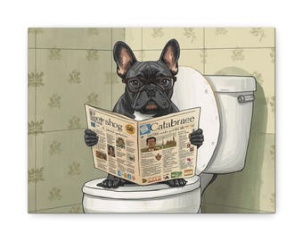 Puede incluir: Impresión en lienzo de un bulldog francés negro con gafas leyendo un periódico en un inodoro. El periódico se titula "Catabraee". El fondo tiene un estampado floral.