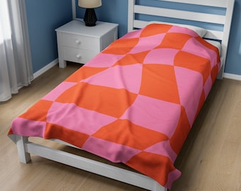 Cobertor de pelúcia de veludo xadrez rosa e laranja ondulado, aconchegante, quente, presente, moderno, decoração de casa, amigo, roupa de cama, sofá, cobertor