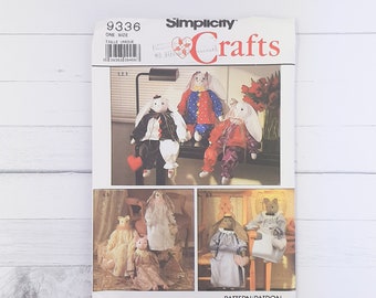 Vintage Simplicty 9336 80s 90s Crafts Decorative Stuffed Bunny and Cat with Clothes Sewing Pattern. Cute gift idea for animals lovers