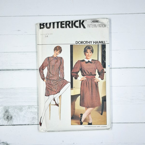 Vintage BUtterick 4599 Dorothy Hamill 1980s dress, top and skirt sewing pattern. Working girl movie style dress