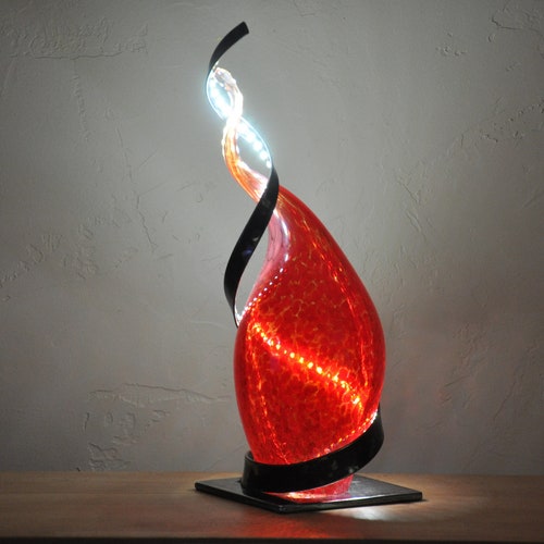 Mood lamp, metal and glass table lamp, LED lighting, hand made, red blown glass, red shops deco lamp