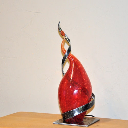 Mood lamp, metal and glass table lamp, LED lighting, hand made, red blown glass, red shops deco lamp