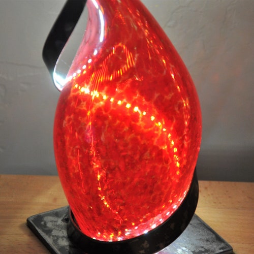 Mood lamp, metal and glass table lamp, LED lighting, hand made, red blown glass, red shops deco lamp