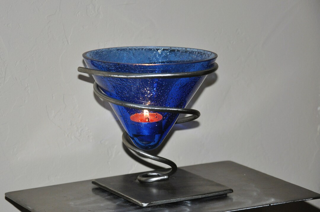 Metal Candle Holder and Blue Bubble Glass Candle Holder Etsy