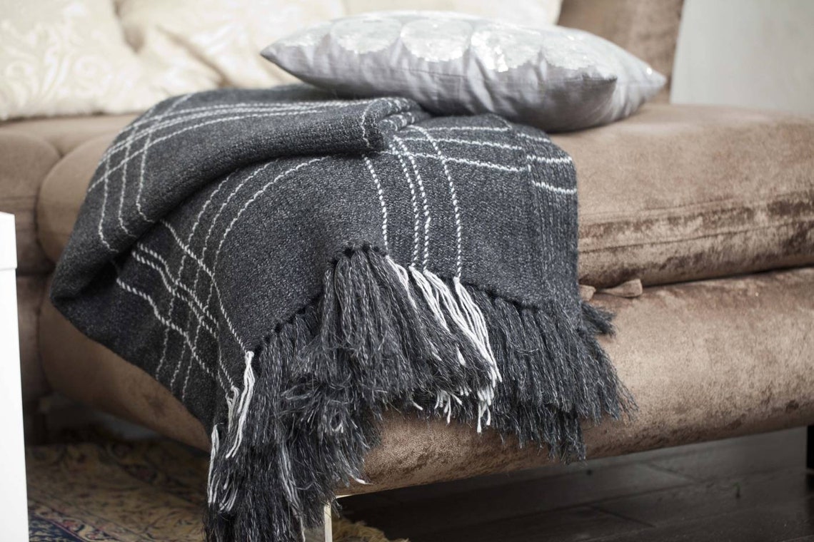 Wool knitted throw blanket dark grey color decorated with Etsy