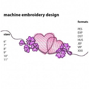 以下が含まれることがあります： 2つのピンクのハートが紫の花で絡み合った、機械刺繍のデザイン。デザインは6インチから11インチのサイズと、PES、EXP、DST、HUS、JEF、VIP、XXXのフォーマットで利用できます。
