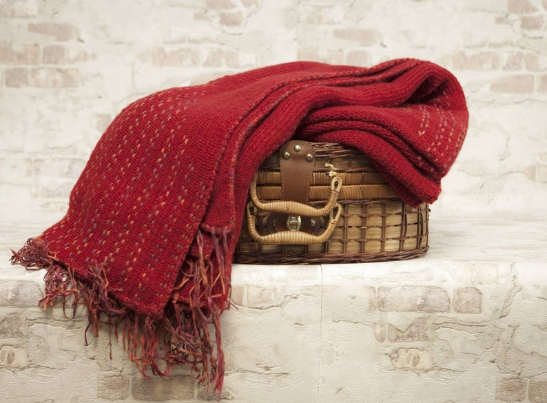 Seasonal Sale Red wool knitted throw blanket with multicolors Etsy