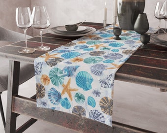 Coastal Paradise Table Runner - Shells and Starfish Print, Waterproof Cotton, Customizable Size and Edges