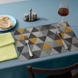 Water-resistant Geometric Cotton Placemat - Grey, White, and Yellow Triangle Design - 14&quot; x 17&quot;