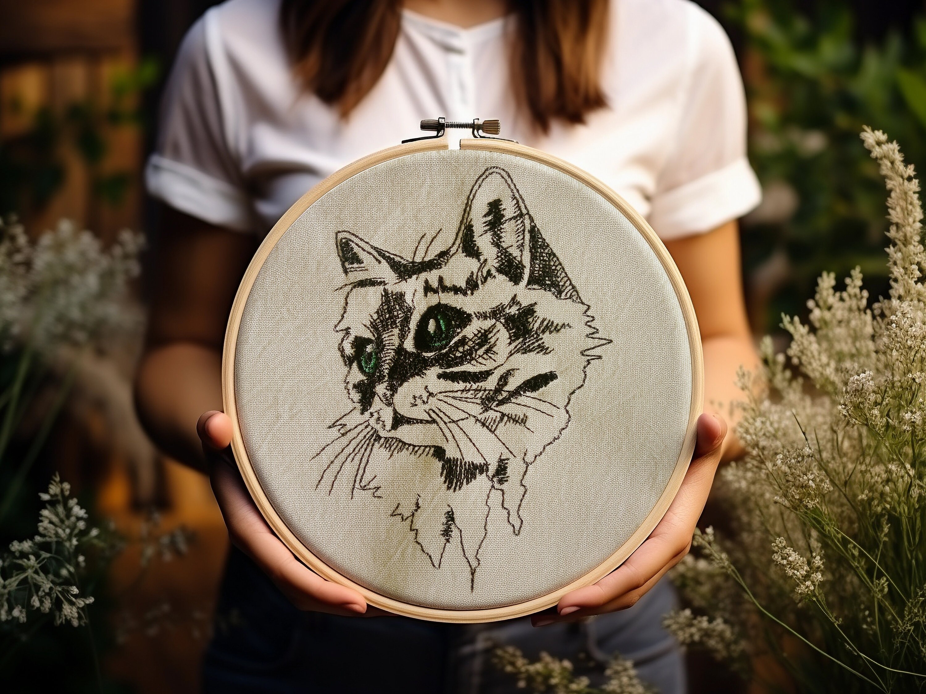 猫の刺繍枠アート：完成品7インチキャンバスホームデコレーション