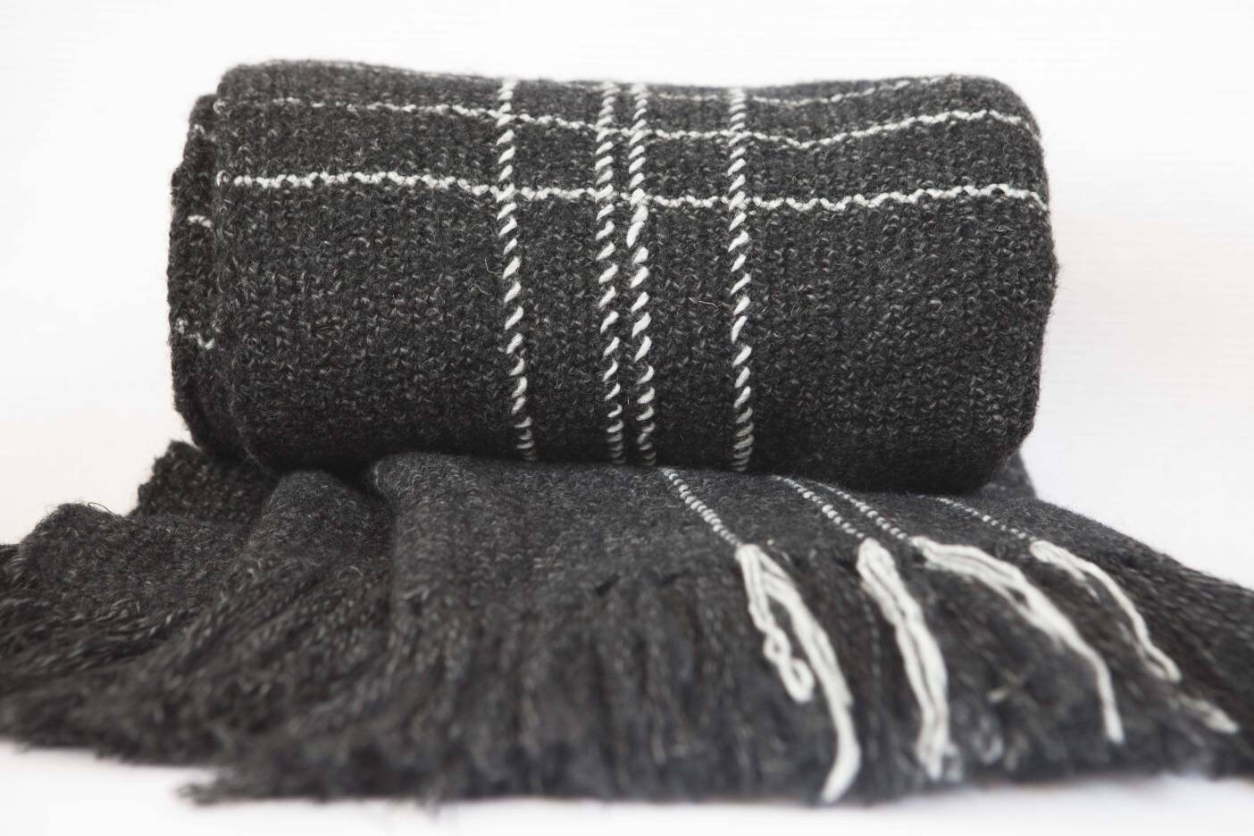 Wool knitted throw blanket dark grey color decorated with Etsy