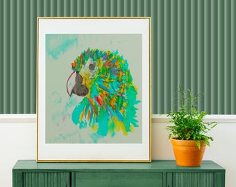 Parrot portrait , Digital download, Watercolor and ink paiting, Printable wall art