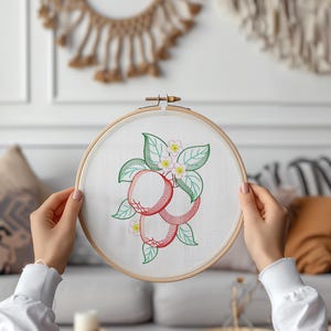 Broderie finie de fruits et baies, broderie de pomme, de pin, de fraise, de décoration murale de cuisine esthétique nature