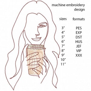 One Line Art Coffee Girl - Machine Embroidery Design - Embroidey files