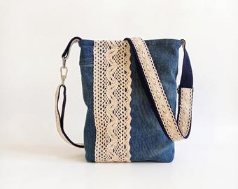 Upcycled Denim Crossbody Bag with Lace: Handgemachte umweltfreundliche Schultertasche