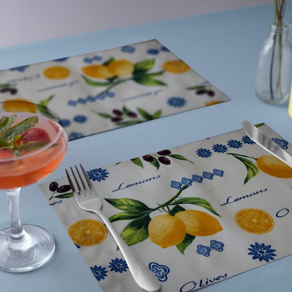Waterproof placemat with lemon and olives print