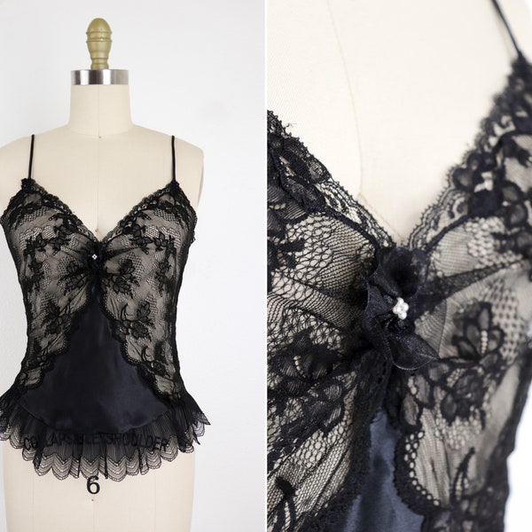 Vintage Christian Dior black satin and lace camisole, ruffled Dior cami