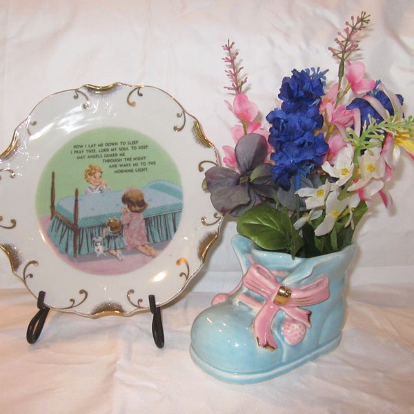 SALE- Vintage Nursery - Child's Room Decor: "Now I Lay Me Down to Sleep" prayer, plate, wall decor, Baby Bootie Planter