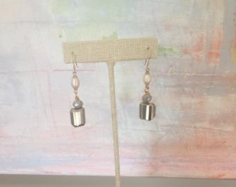 Pearl and pyrite drop earrings