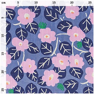 Puede incluir: Una tela azul con un patr&oacute;n repetitivo de flores rosas y hojas azul oscuro. Las flores tienen un centro blanco y las hojas tienen venas blancas.