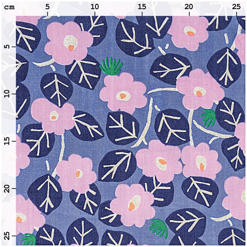 Puede incluir: Una tela azul con un patr&oacute;n repetitivo de flores rosas y hojas azul oscuro. Las flores tienen un centro blanco y las hojas tienen venas blancas.