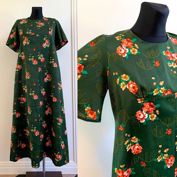 70-80s Long Dress Romantic Floral Green Vintage Boho Boho Garden Party Tea Flower Dress Tent/Jumper Maxi Trapeze Dress Size Large