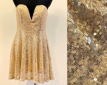 Vintage Gold Mini Disco 80's Sexy Sequined Shiny Sleeveless Open Back With Glitters Ball Gown Party Bridesmaid Flitter Dress Size M/L