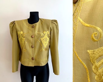 90s Vintage Green Jacket Embroidered Women's Long Sleeves Cropped Blazer Button down Royal Golden Festival Cardigan Size M/L