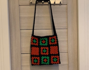 Vintage Crochet Bag Hand Knitted Geometric Pattern Black Red Green Purse Cross Body Shoulder Summer Festival Boho Hippie Crocheted Bag