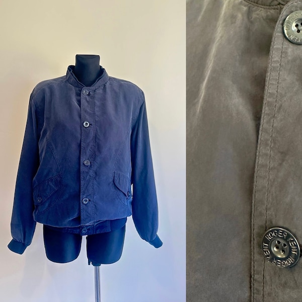 Vintage 90s Men's Blue Silk Jacket Soft Light Weight Blazer Bomber Cropped Blouson Street style Jacket Size M/L