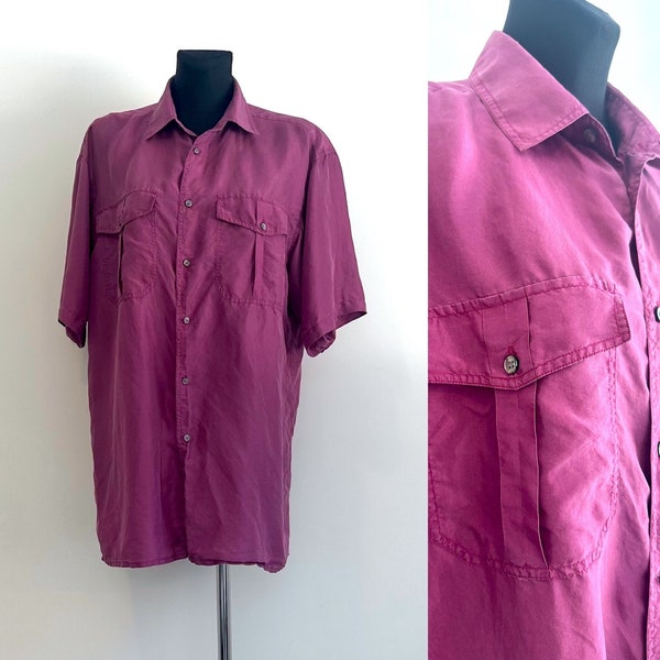 Men's Silk Summer Shirt Short Sleeve Mens Top Purple Silky Plain Minimalist Shirt Button up Hipster Chemise Shirt M/L