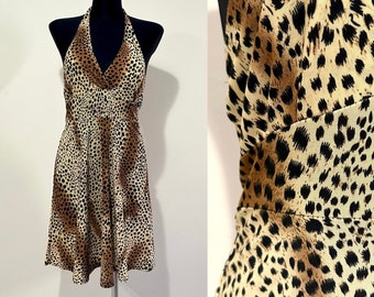 Vintage Leopard Summer Dress Backless Neck Tied Lightweight Sexy Party Disco Festival Beach Brown Black Empire Waist Made in France Size S/M